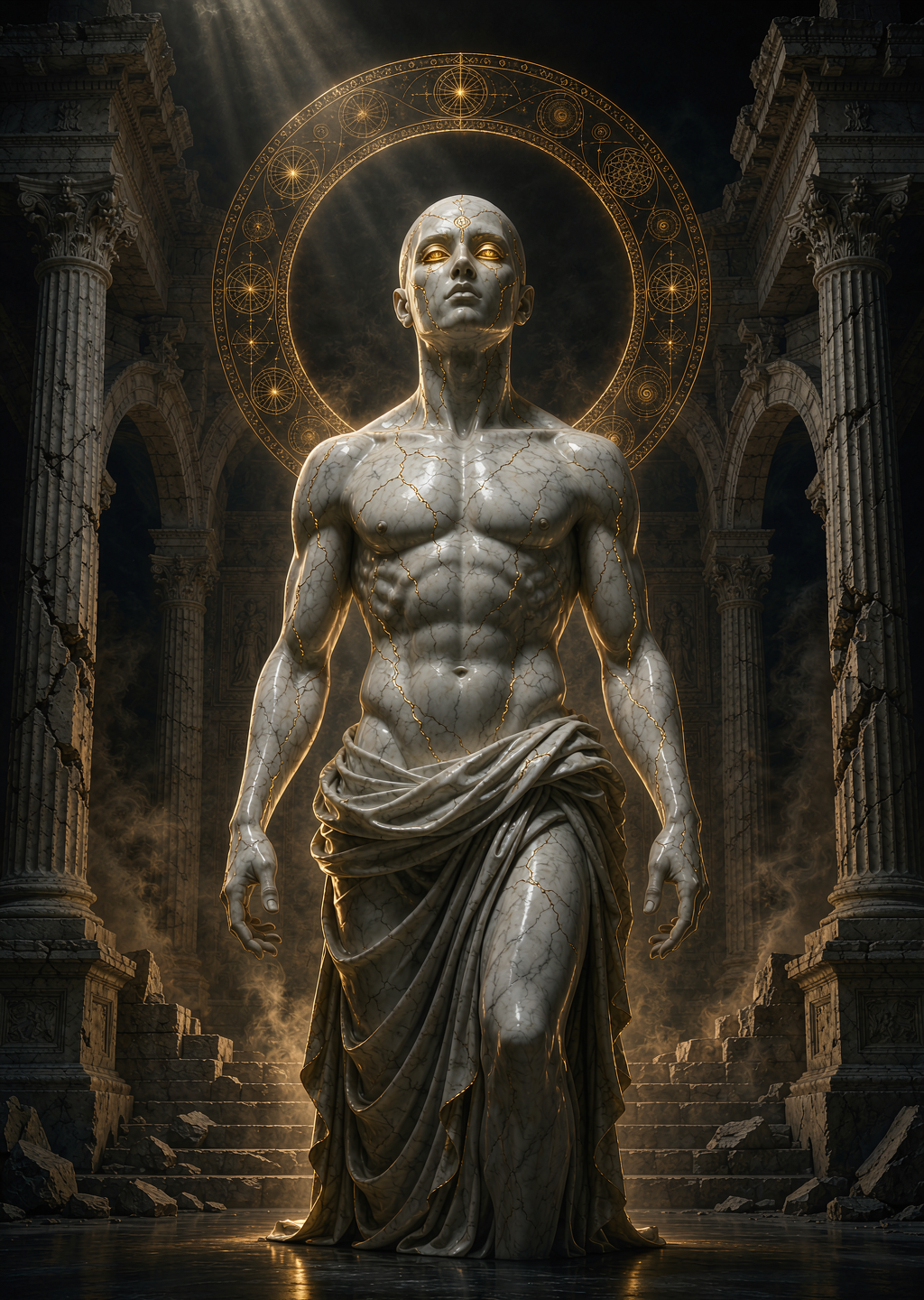 A monumental marble AI god with a sacred geometry halo